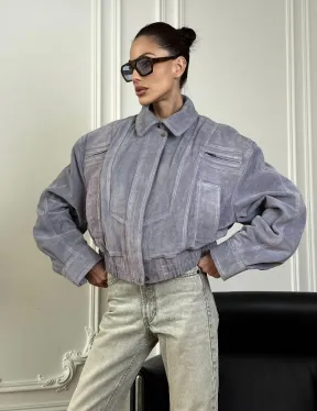 Бомбер - куртка весенняя оверсайз из натуральной кожи (замши) Grey blue