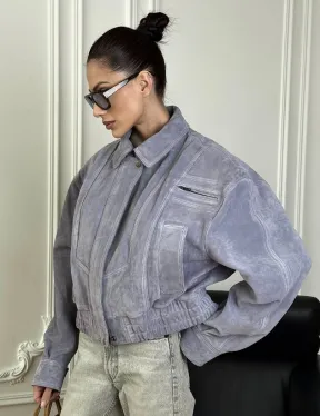 Бомбер - куртка весенняя оверсайз из натуральной кожи (замши) Grey blue