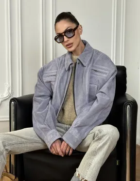 Бомбер - куртка весенняя оверсайз из натуральной кожи (замши) Grey blue