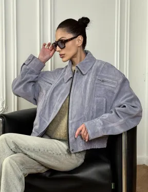 Бомбер - куртка весенняя оверсайз из натуральной кожи (замши) Grey blue