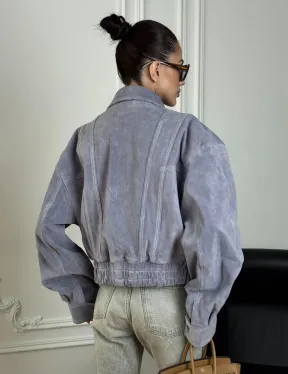 Бомбер - куртка весенняя оверсайз из натуральной кожи (замши) Grey blue