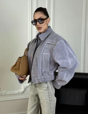 Бомбер - куртка весенняя оверсайз из натуральной кожи (замши) Grey blue