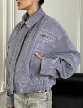 Бомбер - куртка весенняя оверсайз из натуральной кожи (замши) Grey blue