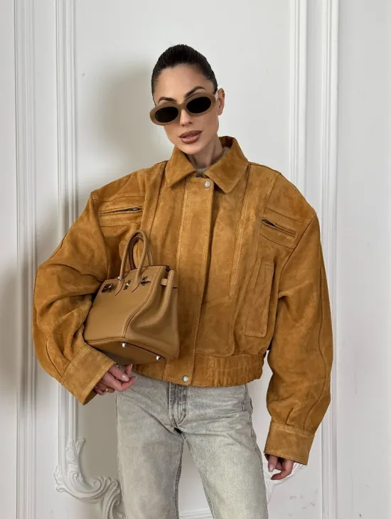 Женская замшевая куртка бомбер Camel  - «High street style»