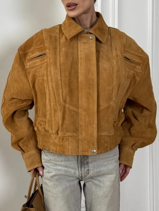 Женская замшевая куртка бомбер Camel  - «High street style»