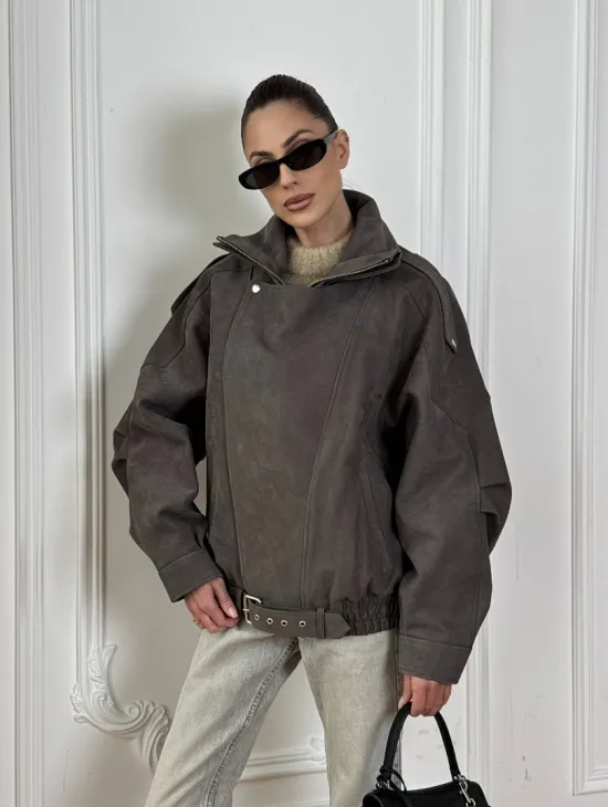 Современная куртка - бомбер из винтажной кожи Gray с двойным воротником