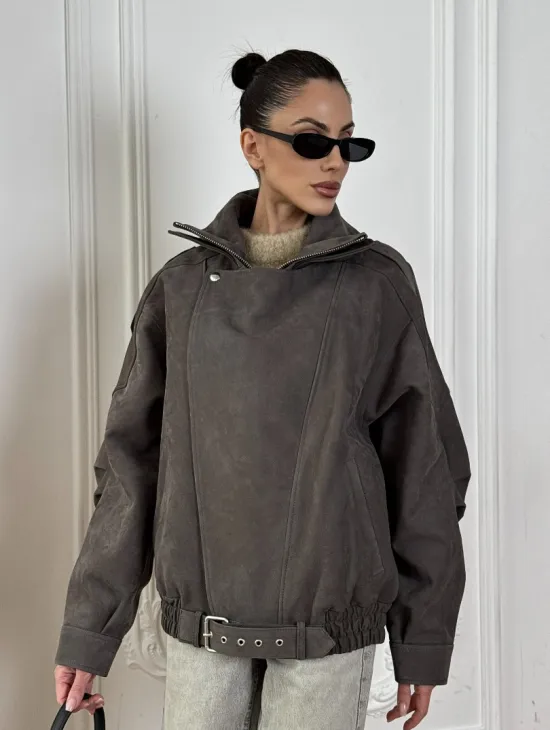 Современная куртка - бомбер из винтажной кожи Gray с двойным воротником