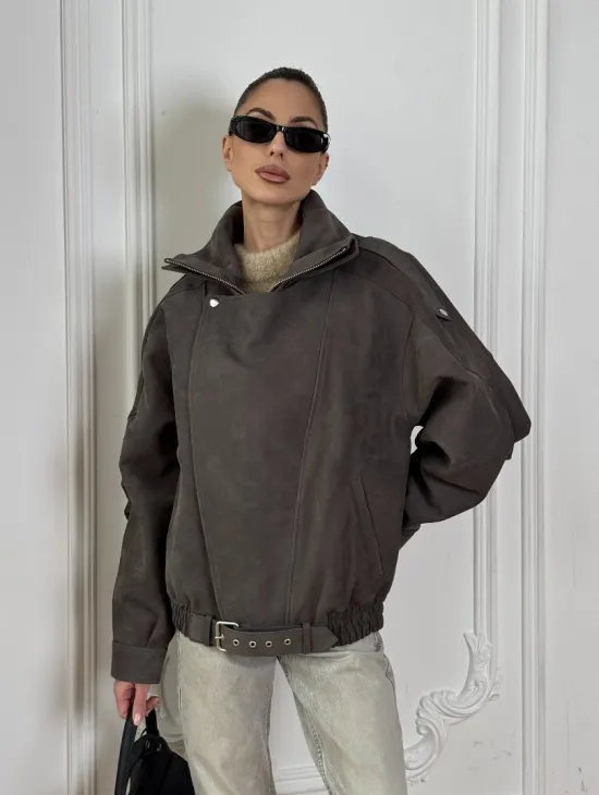 Современная куртка - бомбер из винтажной кожи Gray с двойным воротником