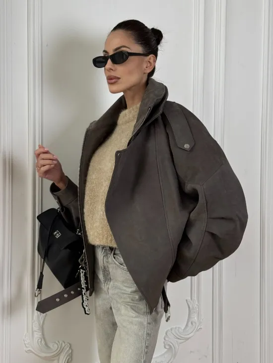 Современная куртка - бомбер из винтажной кожи Gray с двойным воротником