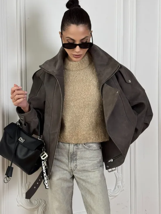 Современная куртка - бомбер из винтажной кожи Gray с двойным воротником