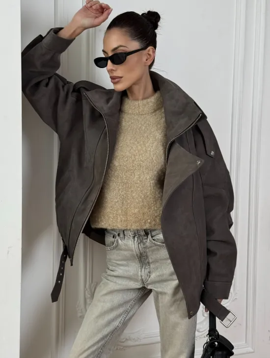 Современная куртка - бомбер из винтажной кожи Gray с двойным воротником