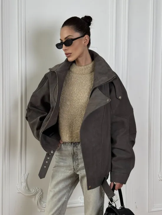 Современная куртка - бомбер из винтажной кожи Gray с двойным воротником