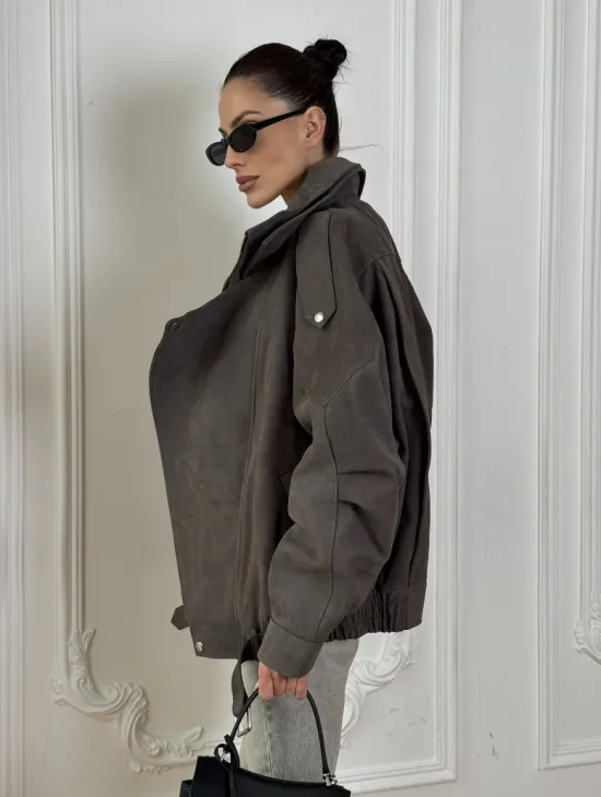 Современная куртка - бомбер из винтажной кожи Gray с двойным воротником