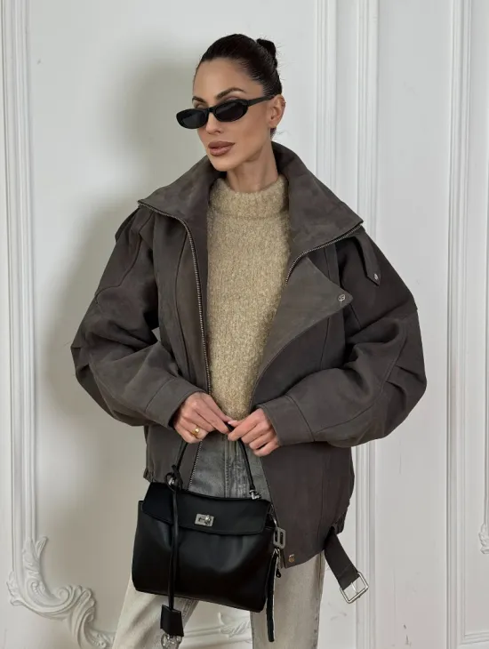 Современная куртка - бомбер из винтажной кожи Gray с двойным воротником