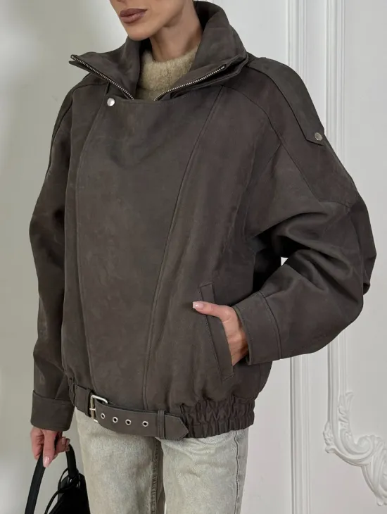 Современная куртка - бомбер из винтажной кожи Gray с двойным воротником
