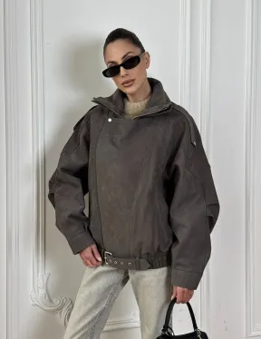 Современная куртка - бомбер из винтажной кожи Gray с двойным воротником