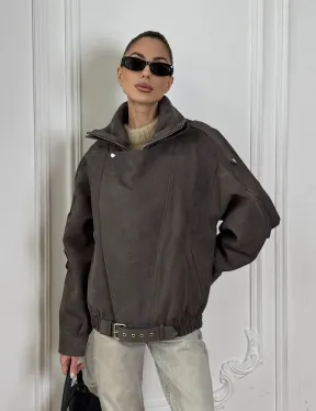 Современная куртка - бомбер из винтажной кожи Gray с двойным воротником