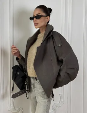 Современная куртка - бомбер из винтажной кожи Gray с двойным воротником