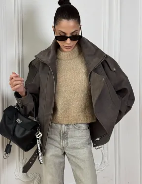 Современная куртка - бомбер из винтажной кожи Gray с двойным воротником