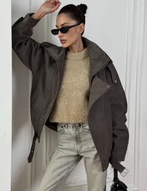 Современная куртка - бомбер из винтажной кожи Gray с двойным воротником