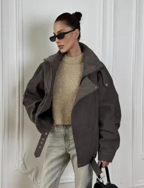 Современная куртка - бомбер из винтажной кожи Gray с двойным воротником