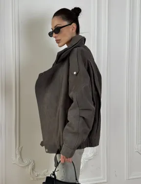 Современная куртка - бомбер из винтажной кожи Gray с двойным воротником