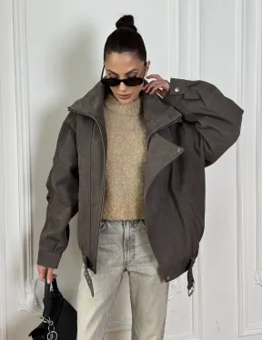 Современная куртка - бомбер из винтажной кожи Gray с двойным воротником