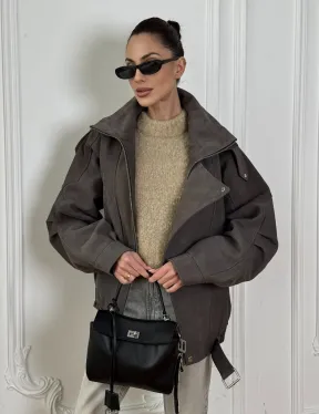 Современная куртка - бомбер из винтажной кожи Gray с двойным воротником