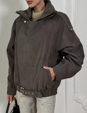 Современная куртка - бомбер из винтажной кожи Gray с двойным воротником