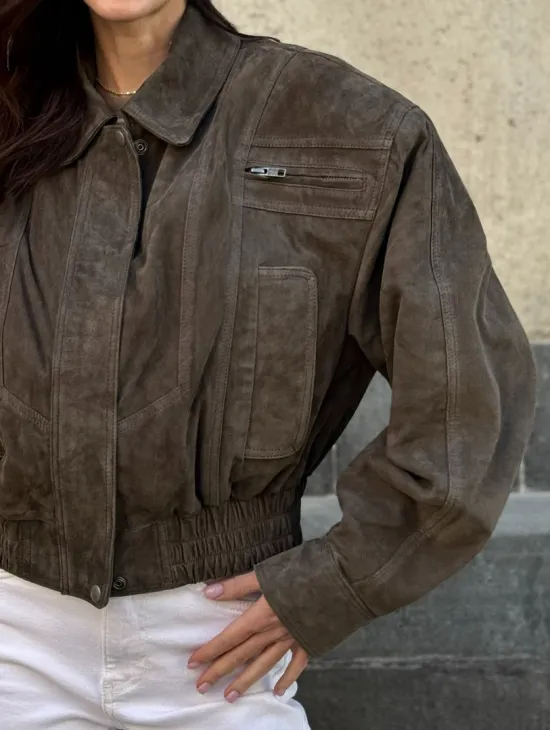 Модная винтажная универсальная укороченная куртка-бомбер из натуральной кожи (замши)