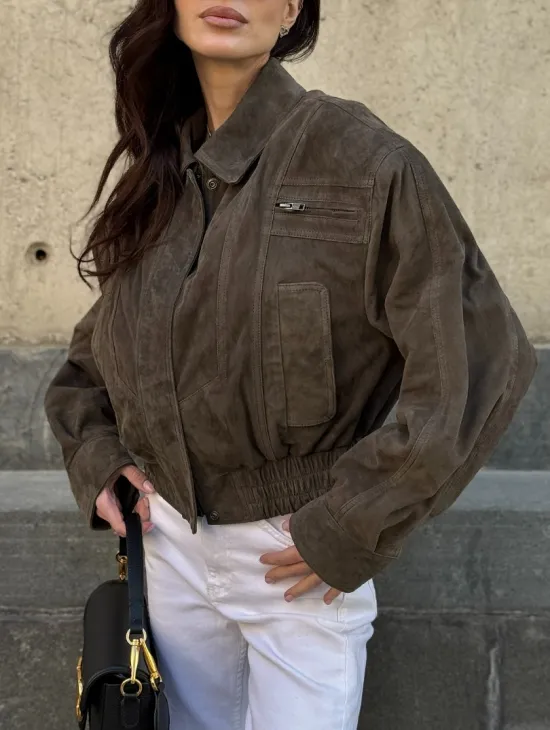 Модная винтажная универсальная укороченная куртка-бомбер из натуральной кожи (замши)