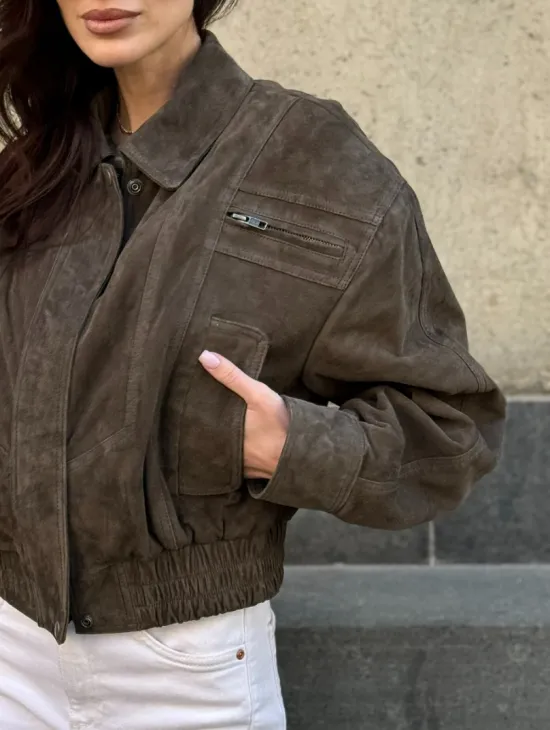 Модная винтажная универсальная укороченная куртка-бомбер из натуральной кожи (замши)