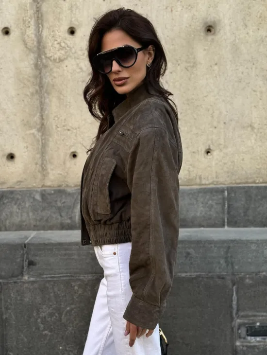 Модная винтажная универсальная укороченная куртка-бомбер из натуральной кожи (замши)