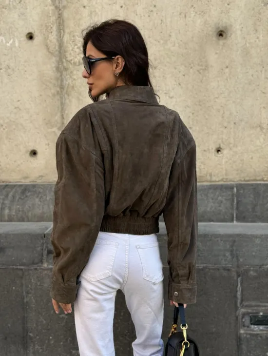 Модная винтажная универсальная укороченная куртка-бомбер из натуральной кожи (замши)