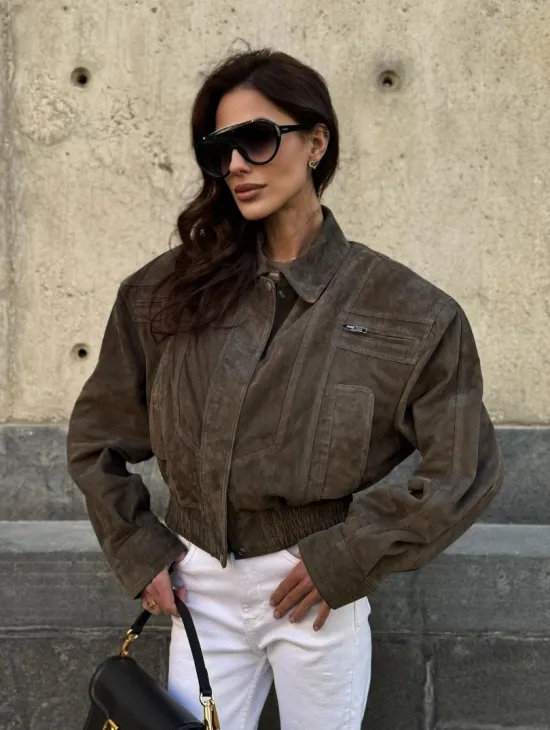 Модная винтажная универсальная укороченная куртка-бомбер из натуральной кожи (замши)