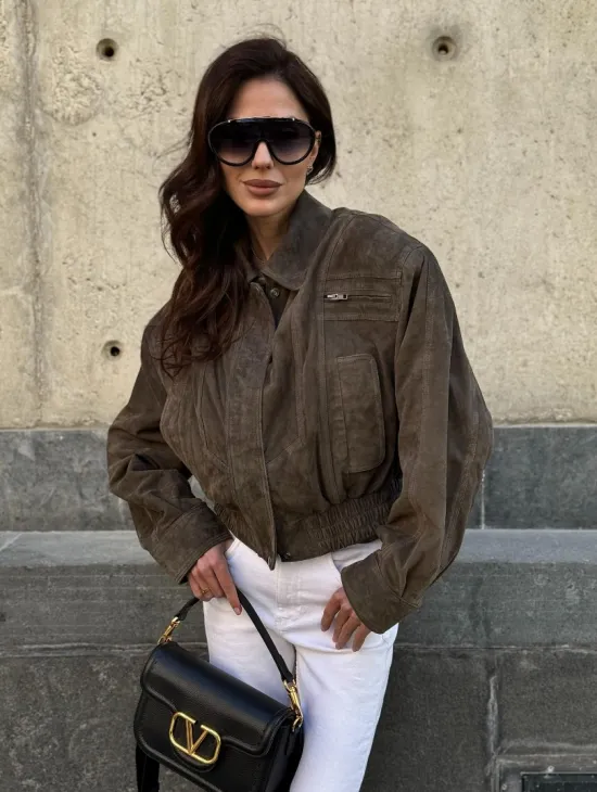 Модная винтажная универсальная укороченная куртка-бомбер из натуральной кожи (замши)