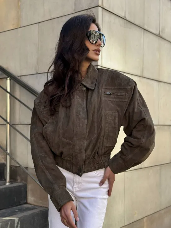 Модная винтажная универсальная укороченная куртка-бомбер из натуральной кожи (замши)