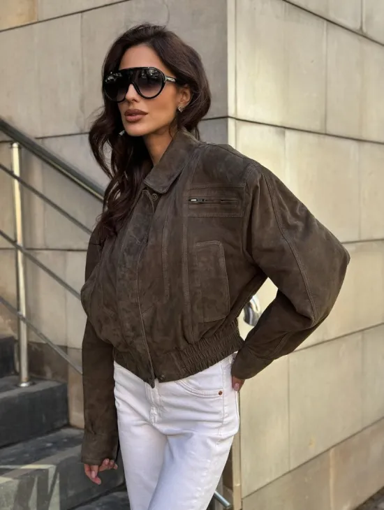 Модная винтажная универсальная укороченная куртка-бомбер из натуральной кожи (замши)