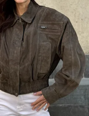 Модная винтажная универсальная укороченная куртка-бомбер из натуральной кожи (замши)