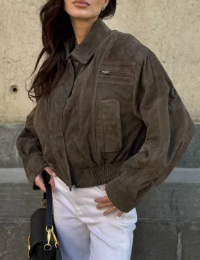 Модная винтажная универсальная укороченная куртка-бомбер из натуральной кожи (замши)