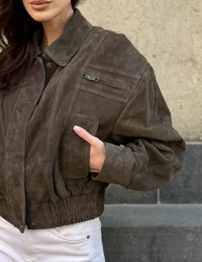 Модная винтажная универсальная укороченная куртка-бомбер из натуральной кожи (замши)