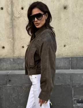 Модная винтажная универсальная укороченная куртка-бомбер из натуральной кожи (замши)