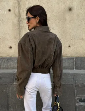 Модная винтажная универсальная укороченная куртка-бомбер из натуральной кожи (замши)