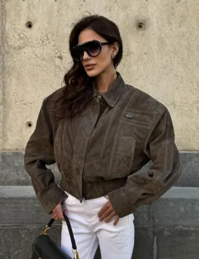 Модная винтажная универсальная укороченная куртка-бомбер из натуральной кожи (замши)