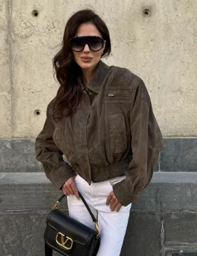 Модная винтажная универсальная укороченная куртка-бомбер из натуральной кожи (замши)