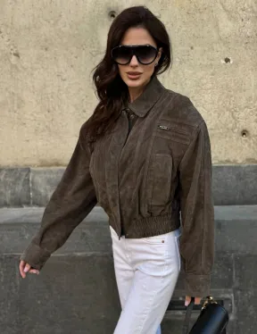 Модная винтажная универсальная укороченная куртка-бомбер из натуральной кожи (замши)