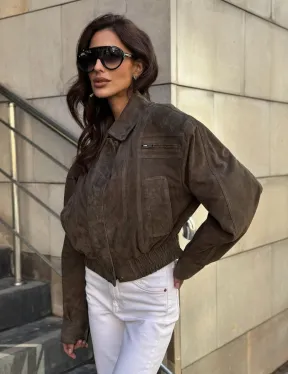 Модная винтажная универсальная укороченная куртка-бомбер из натуральной кожи (замши)