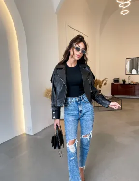 Черная кроп - курточка из натуральной кожи BLACK