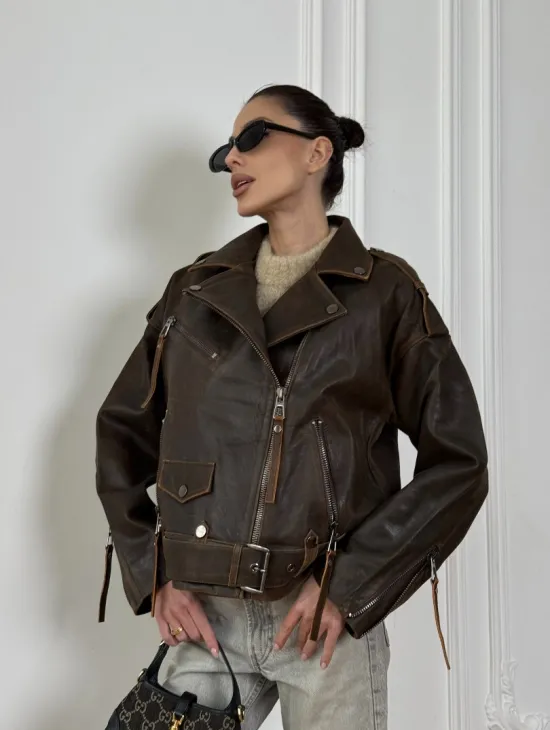 Vintage Brown кожаная куртка - косуха оверсайз с затертыми швами