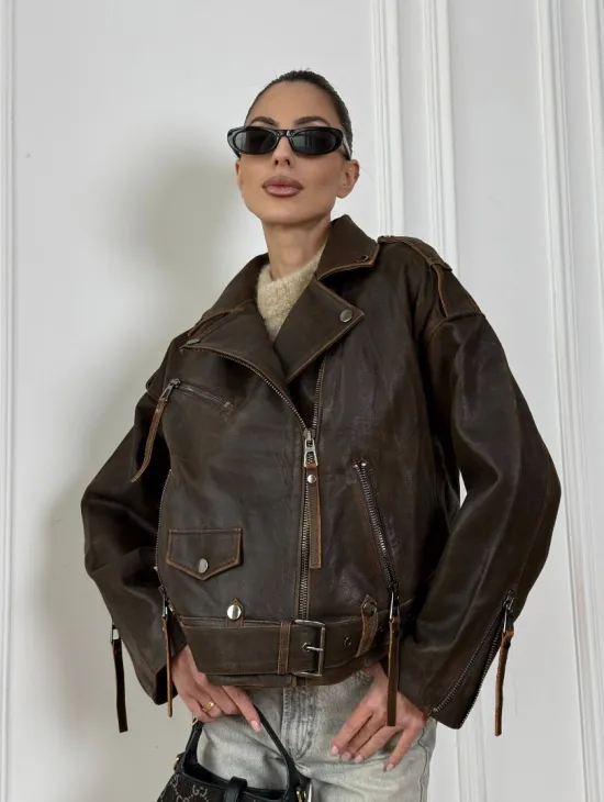 Vintage Brown кожаная куртка - косуха оверсайз с затертыми швами